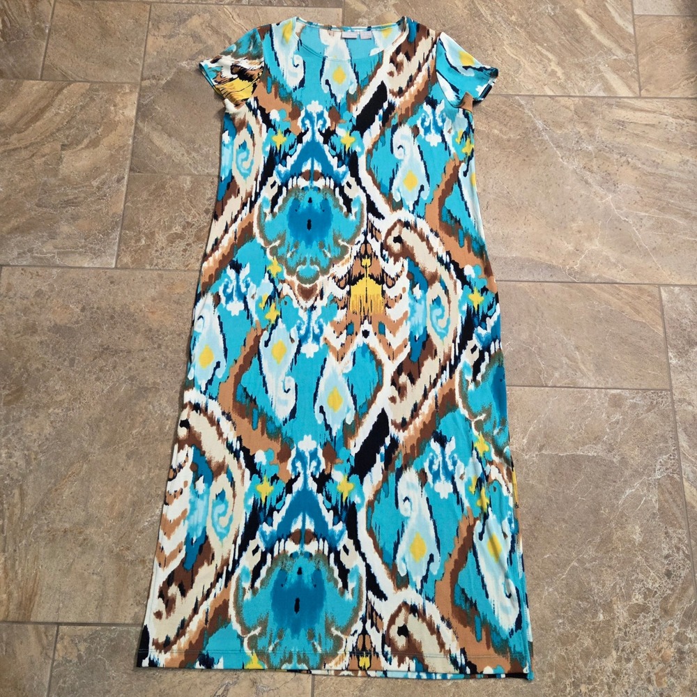 Chicos Travelers Blue Brown Ikat Maxi Dress Short Sleeve Stretch Size 2 L 12/14